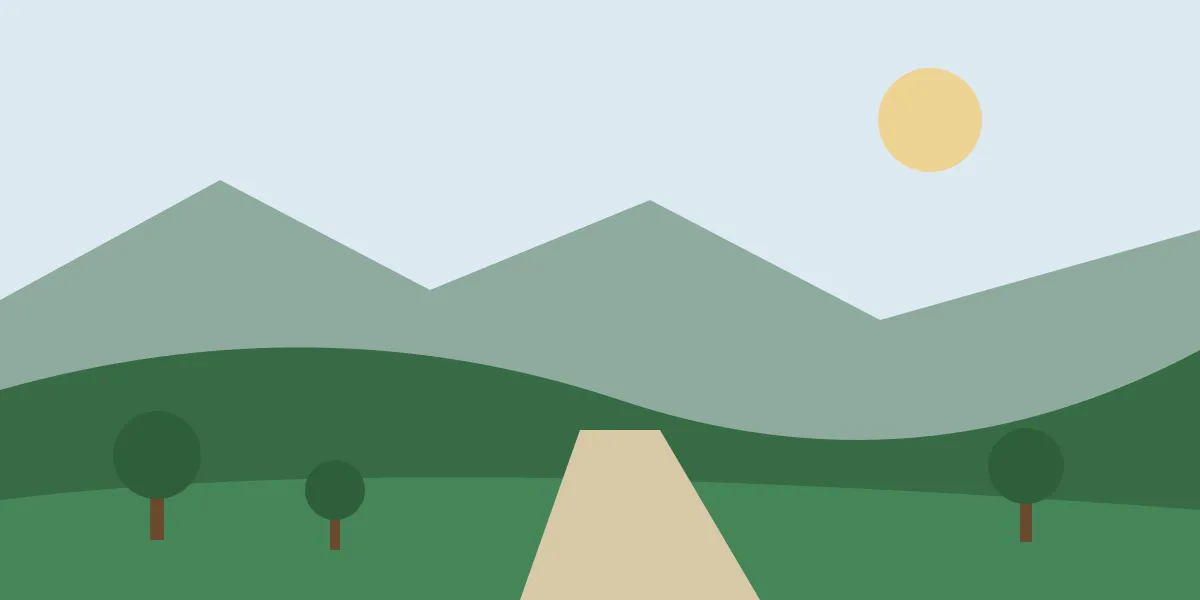 Illustration of forested ridges with a footpath climbing between them
